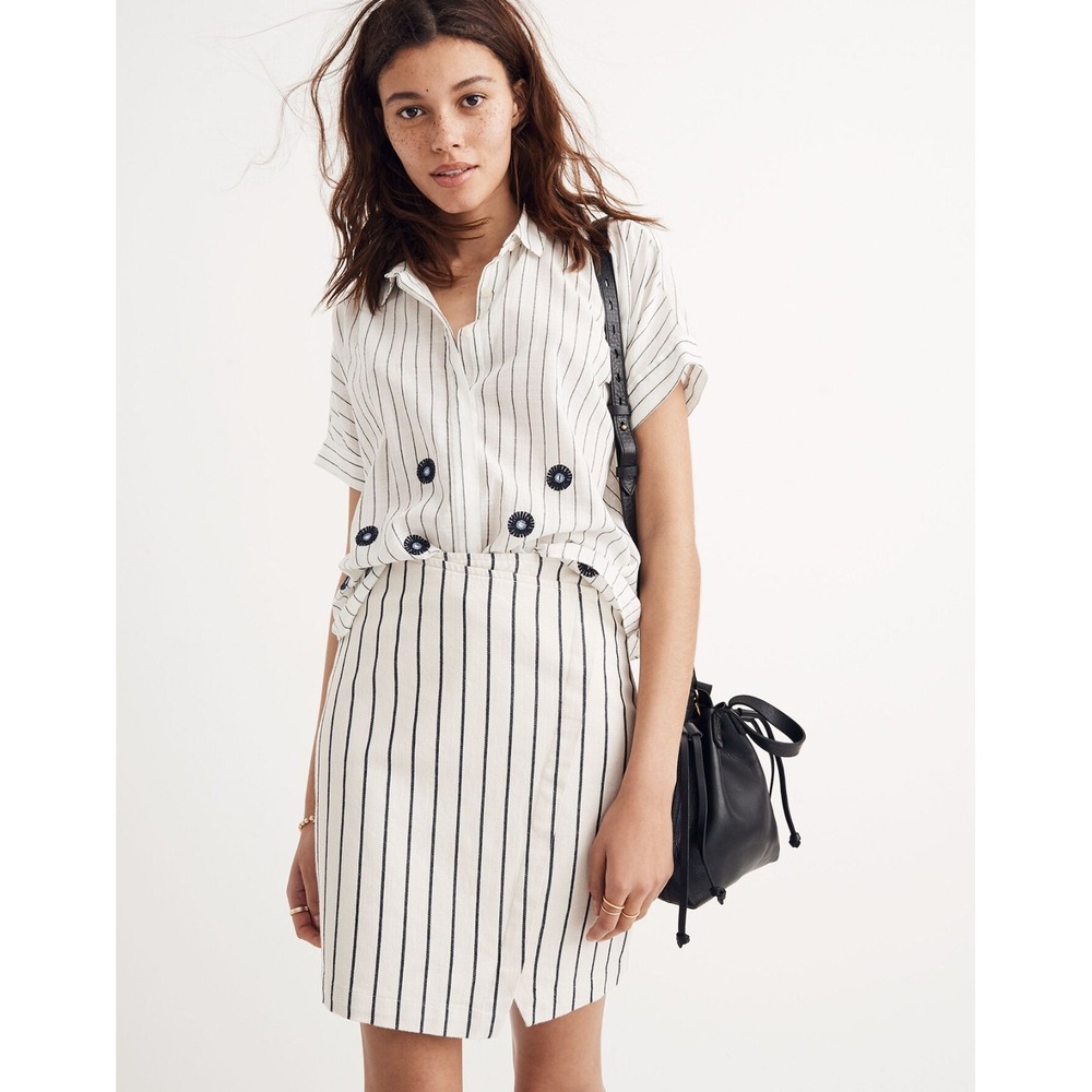 Madewell Wrap Mini Skirt Women's 8 White Navy Striped Denim Nautical Preppy